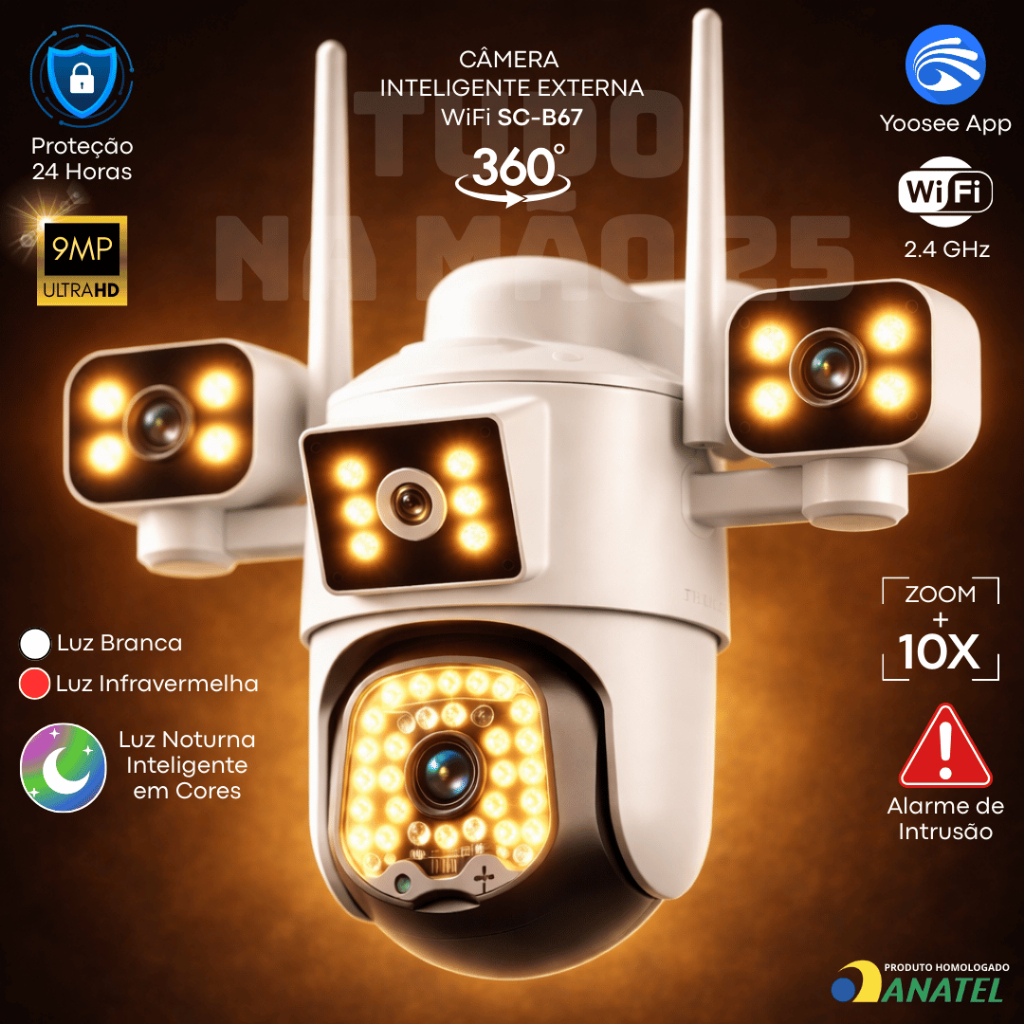 [ULTRA HD] Câmera de Segurança 360º Inteligente 10X ZOOM 3 Lentes Wi-Fi Visão Noturna Infravermelho
