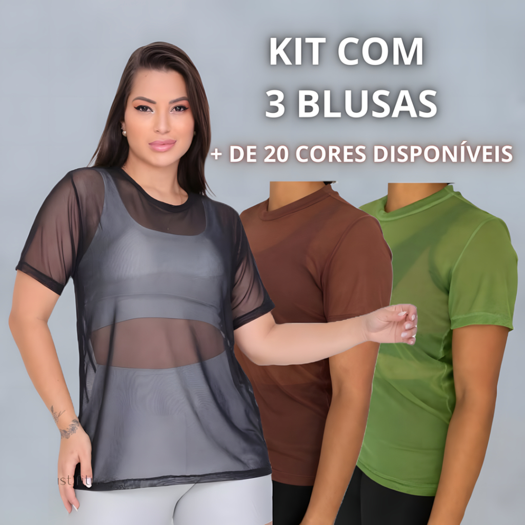 Kit 3 Blusas Feminina De Tule Com BarraTransparente Academia Moda Fitnes
