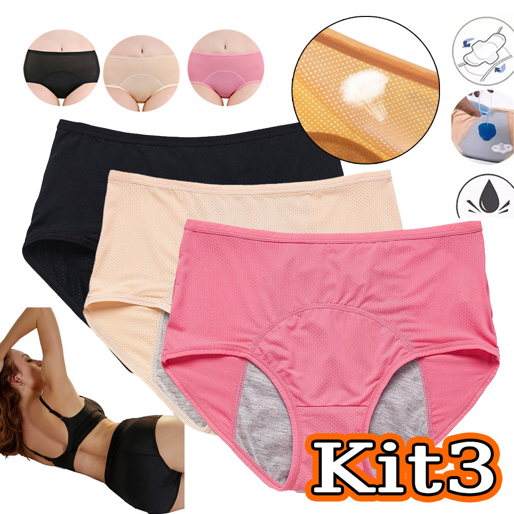 Kit 3 Calcinhas De Algodão Absorvente Confort Período Calcinha Antibacteriana Roupa Interior De Cintura Alta