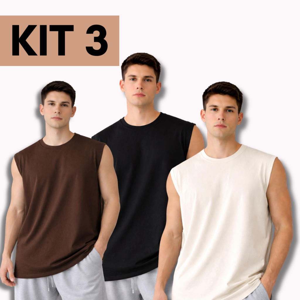 Kit 3 Camiseta Regata Oversized Masculina Academia Machão Treino Longline Lisa Academia Casual 100% Algodão