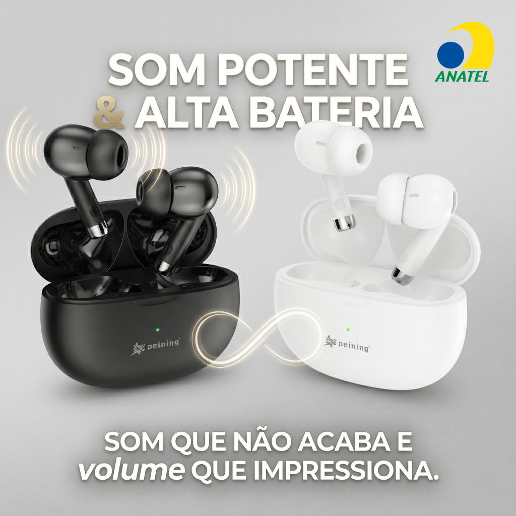 Fone de Ouvido Sem Fio Bluetooth TWS Peining PEI P9002 – Som Potente, Conforto e Liberdade Sem Fios