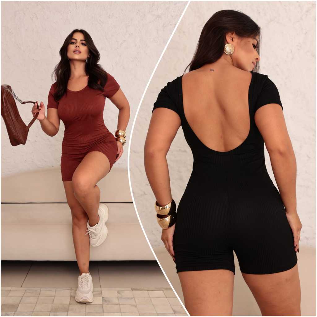 Macaquinho Feminino Macacão Canelado Manguinha Costas Abertas Feminino Roupa Casual  Academia Fitness Treino