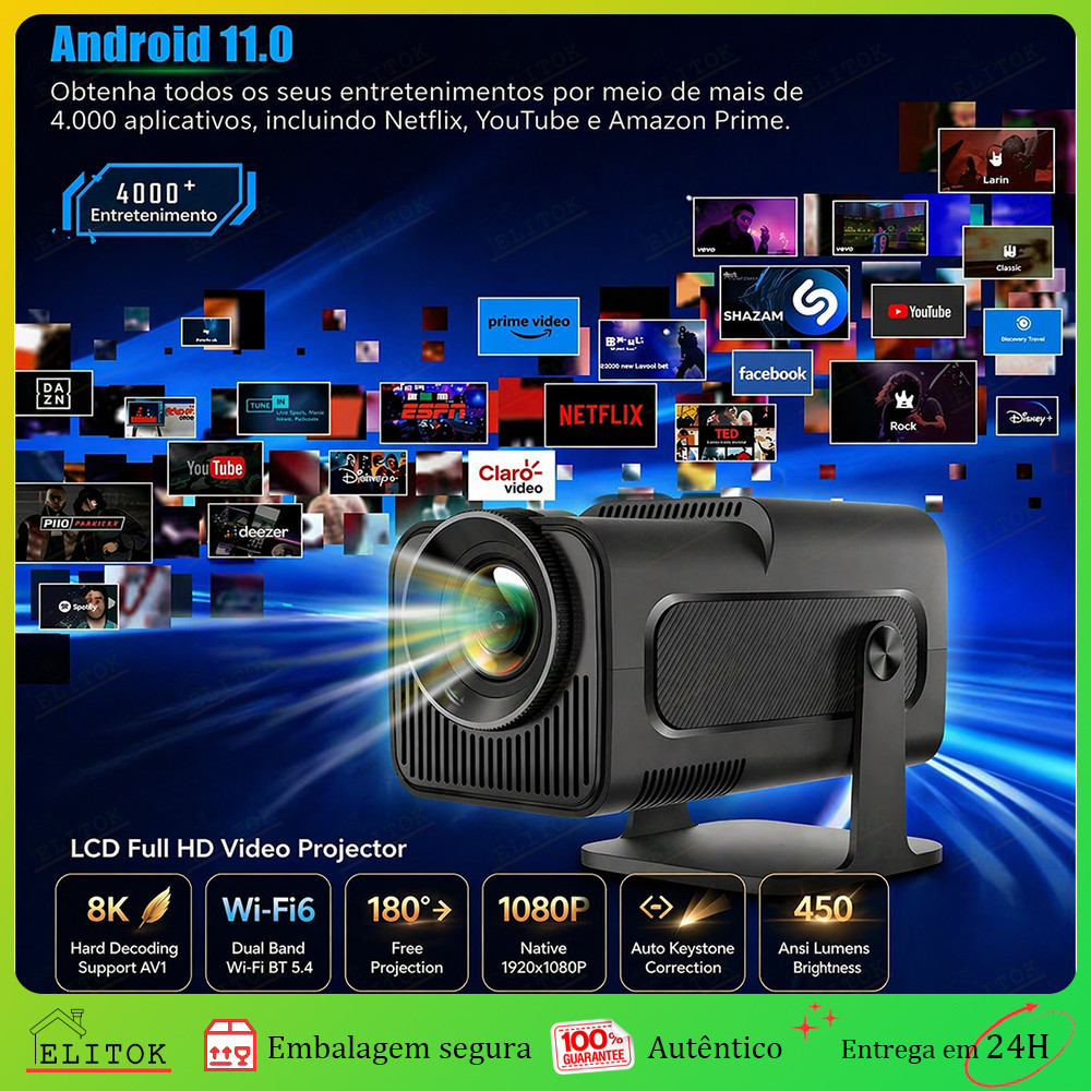 Projetor Inteligente Portátil HY320 8K  Sistema Android WiFi 6 Bluetooth HD 1920x1080, Espelhamento de Tela Móvel
