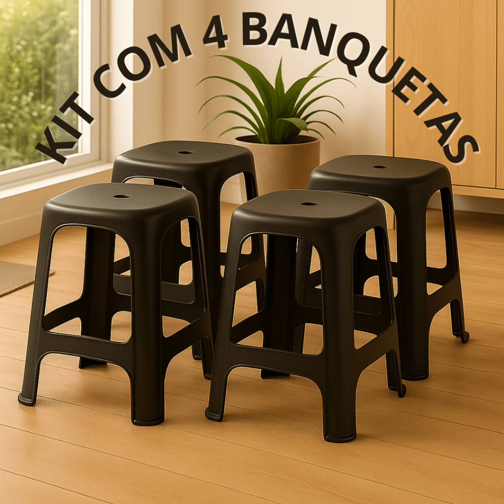 Kit de 4 Banqueta de Plástico Reforçada Preta Suporta Até 100 kgs Banquinho Banco