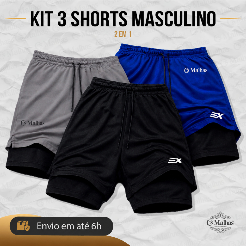 Kit 3 Shorts 2 em 1 Masculino Dry Fit com Compressão e Bolso Interno Bermuda Academia Treino Corrida