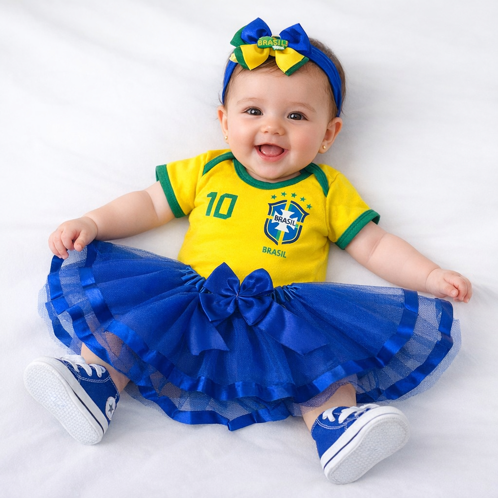 Body Bebê Campeã Brasil Copa Do Mundo Saia de Luxo & Laço & Tenis Mesversario