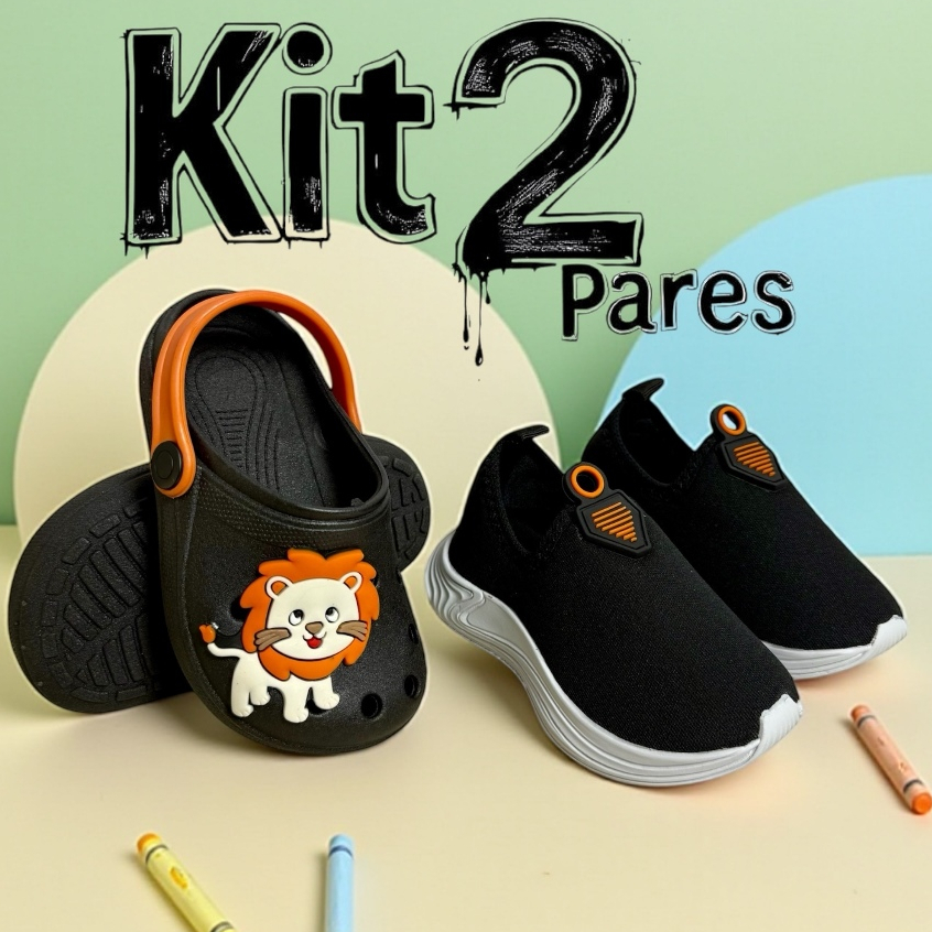 KIT 2 Pares Infantil Tênis Calce Fácil Puxador & Babuche Leãozinho Meigo Promoção Dia Das Crianças
