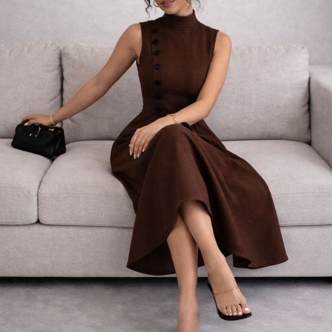 "Vestido Midi Elegante Moda Clássica Sem Manga Feminino Gola Alta, Botões, Roupa Para Festa,Trabalho