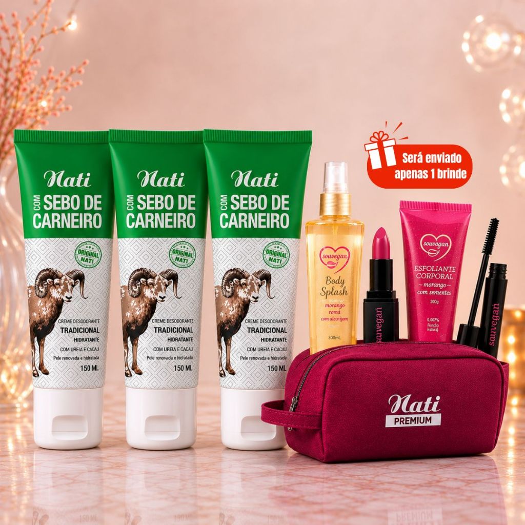 Kit 3 Gel Sebo de Carneiro Hidratante Pele Renovada Nati Corporal Pés + Necessaire Brinde 150mL