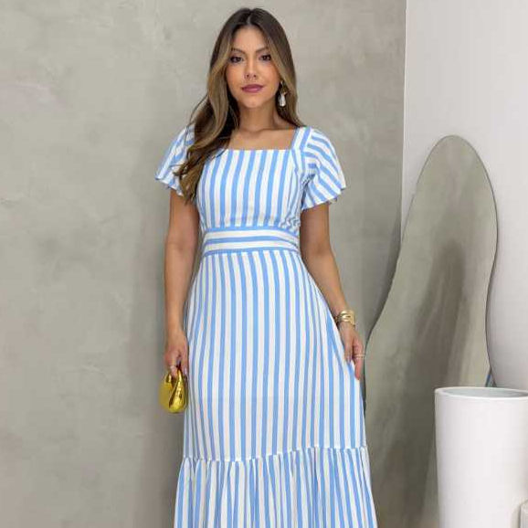 Vestido Midi Feminino Manga Curta Estampado e Liso Vermelho Tecido Viscolinho Tendencia Verão Vermelho Liso