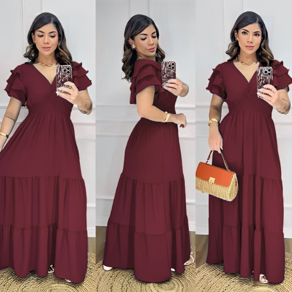 Vestido Feminino Longo Manga 3 Maria Saia Babado Festa Fardamento Evangélico Dia das Mães Madrinha