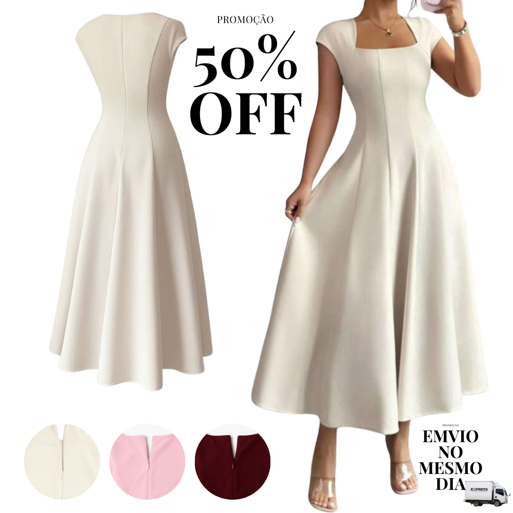 Vestido Mídi De Festa Elegante Feminino Alfaiataria Premium Decote Quadrado Moda Social Evangélico*.