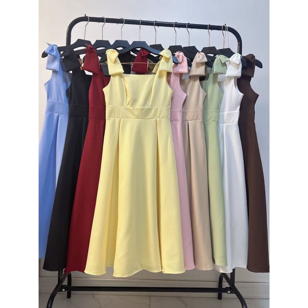 YAN FASHION Vestido Midi Feminino Em Alfaiataria Com Laço Nos Ombros E Saia Rodada Elegante