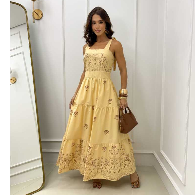Vestido Maxi Midi, Alça Regulavel,Tricoline Estampado Barrado 100%Algodấo,Forrado