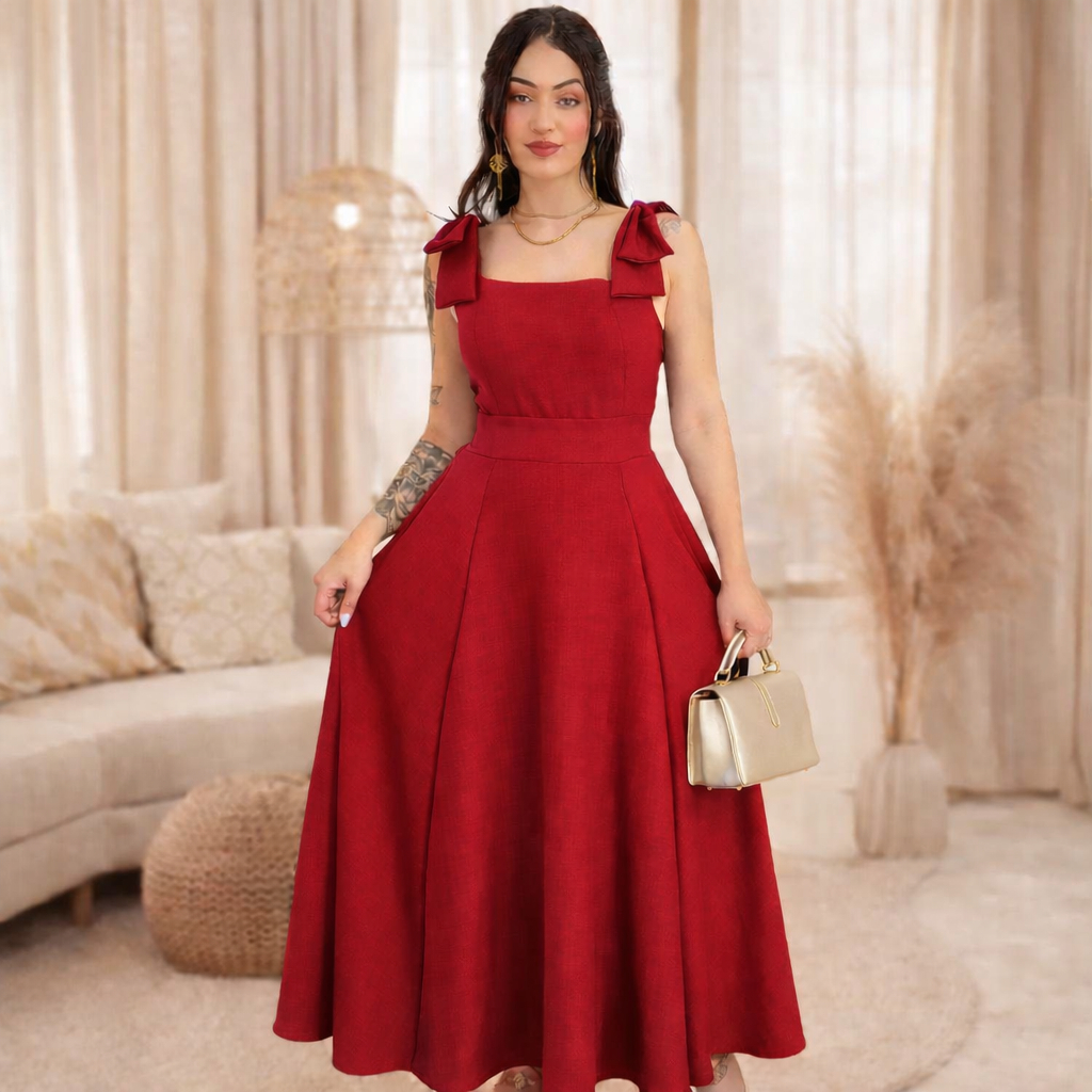 Vestido Longo Feminino Duna Linho Premium – Laço no Ombro, Elegância & Conforto
