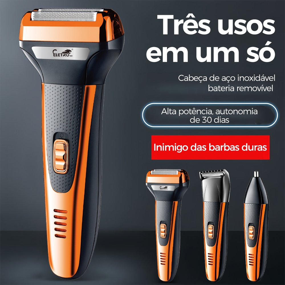 Eletromex-Barbeador elétrico, máquina de cortar cabelo e removedor de pelos 3 em 1, adequado para cabelo, nariz,