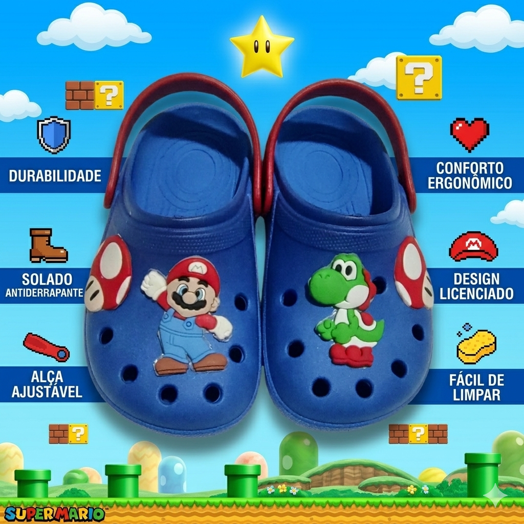 Sandália Babuche Menino Chinelo Infantil Masculino Super Mario Bros e Yoshi Dinossauro