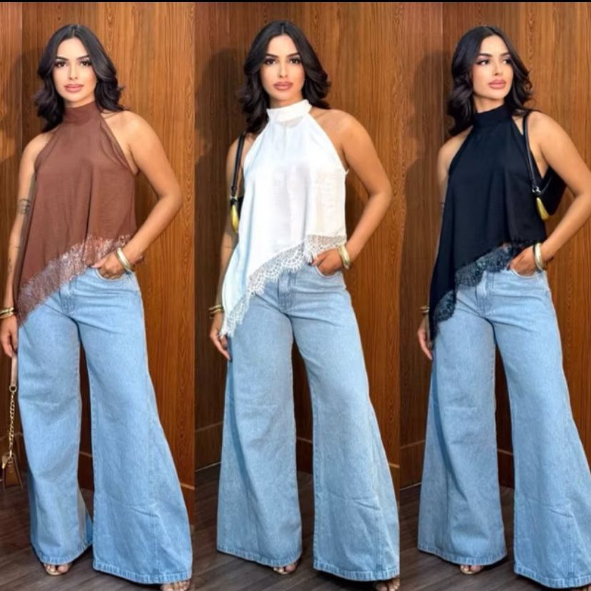 Blusa Feminina Gola Alta Assimétrica Frente Única Com Renda Bata OU KIT Elegante Tendência Inverno