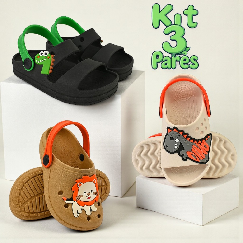 Kit 3 Pares Sandália Infantil Menino Confortável Papete Macia Antiderrapante Chinelo Escolar Casual