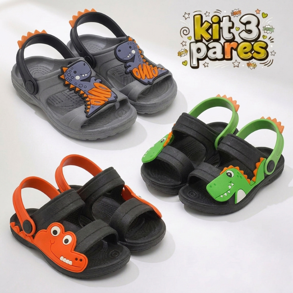 Kit 3 Papete Infantil Masculina Sandália Dino Confortável e Leve