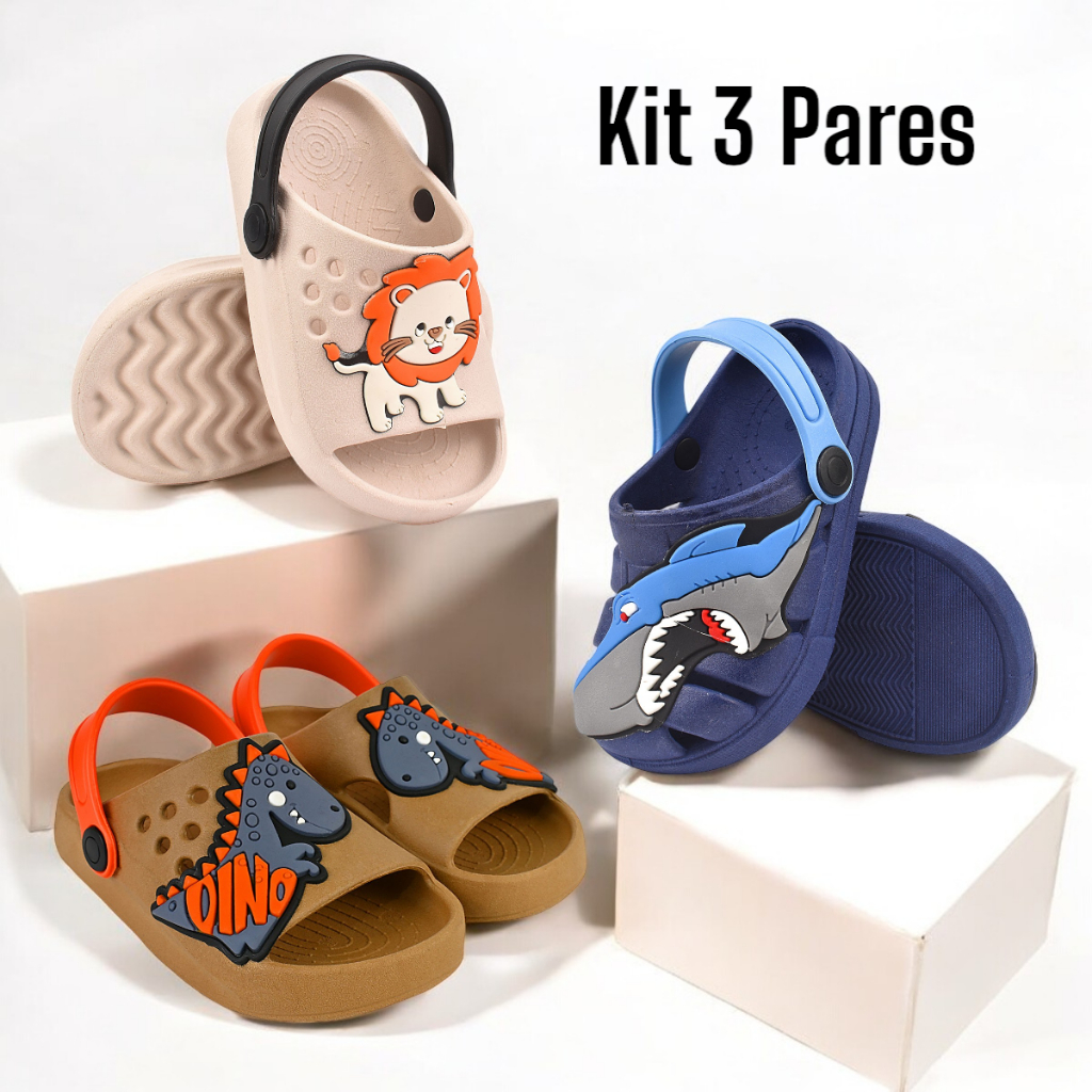 Kit 3 Pares Sandália Infantil Menino e Babuche Confortável