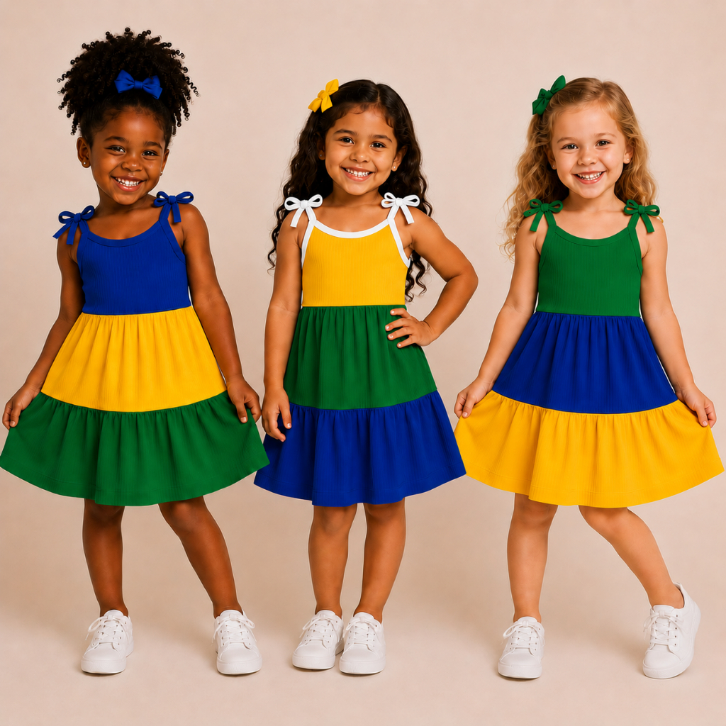 Vestido Infantil menina Brasil Multicolorido Alça De Amarrar Moda Verão estiloso