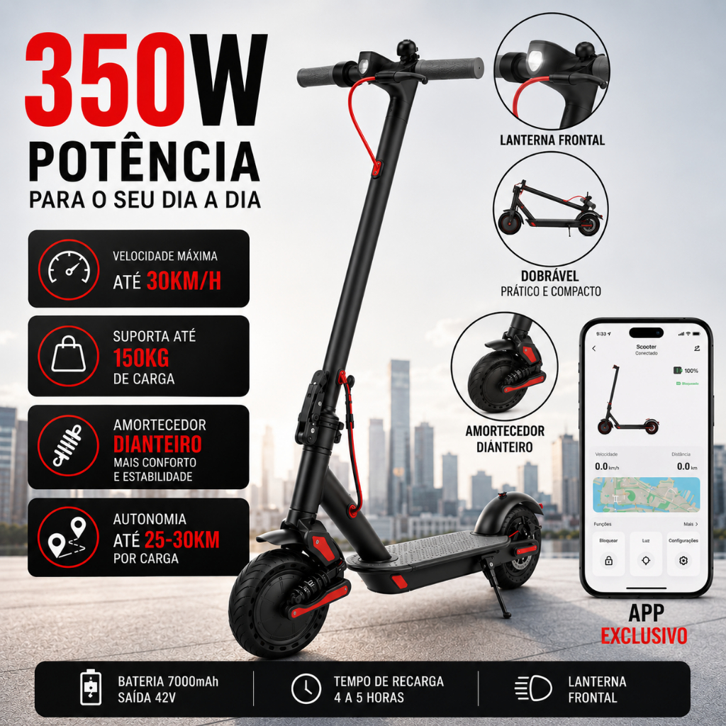 Patinete Elétrico 350W com Amortecedor e App GPS Bateria Recarregável Dobrável Super Autonomia para adultos até 150kg
