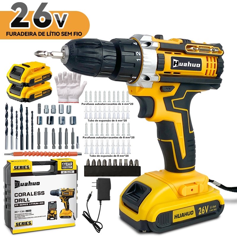 Parafusadeira Furadeira Sem Fio 26V - 2 Baterias Maleta e Acessórios Totais - Ideal para Trabalhos de Casa e Profission