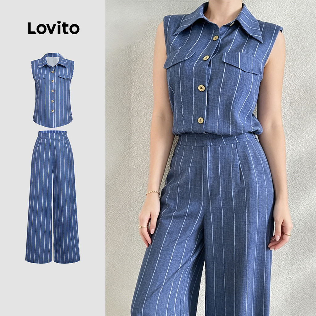 Lovito Elegant Tops ou Bottoms com 2 unidades primavera/verão calças azulescuras para mulheres L190ED554