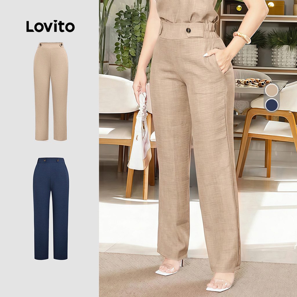 Lovito Calças elegantes plissadas primavera/verão calças cáqui para mulheres L176LD105