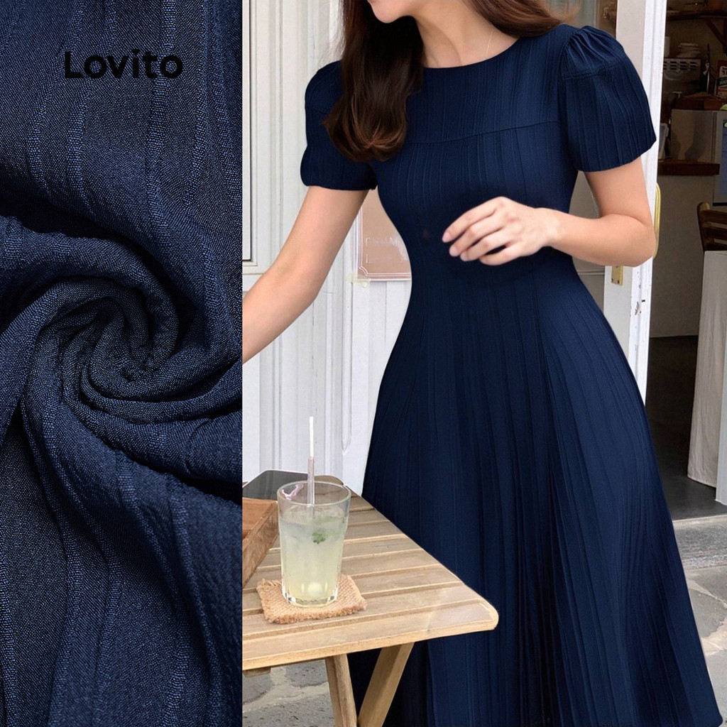 Lovito Dress Elegante Jacquard Estruturado Linha Primavera/verão Azul-marinho Vestido para Mulheres L149LD099