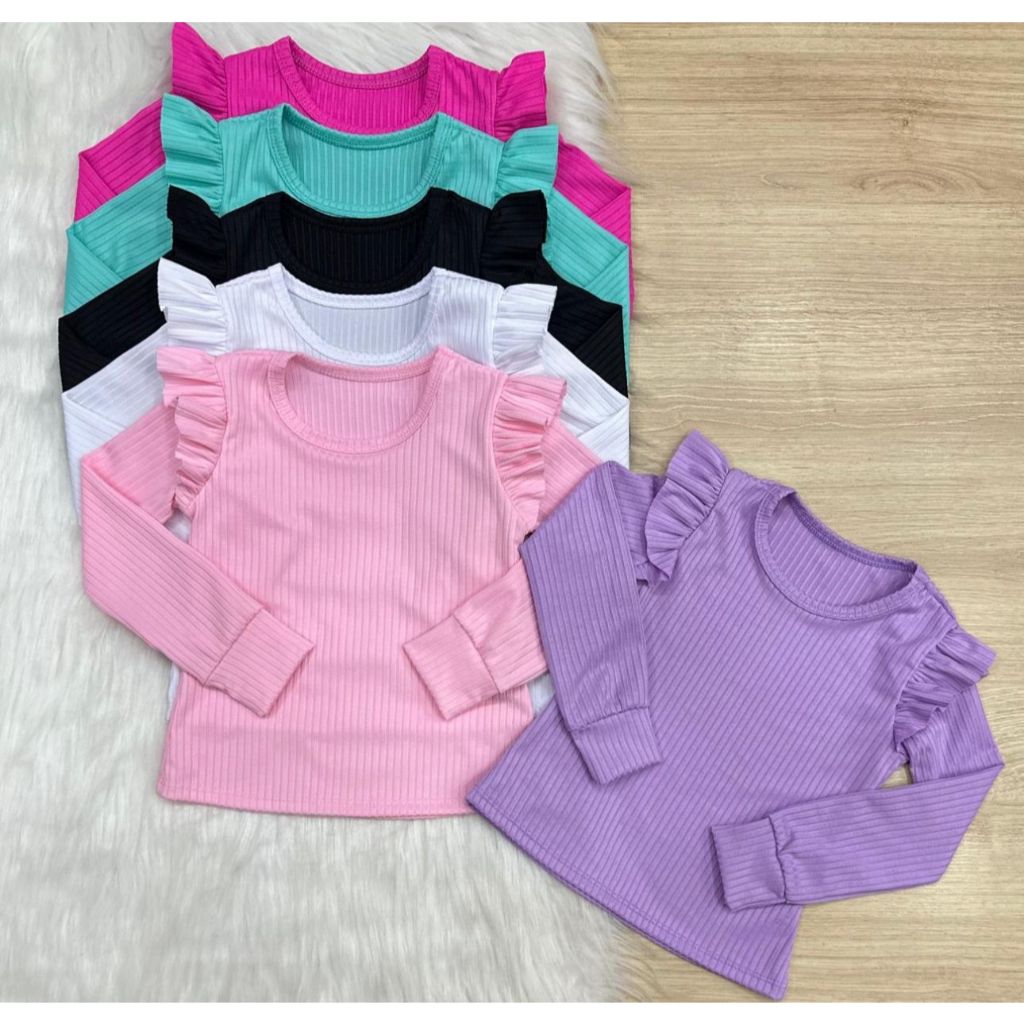 KIT 3 Blusas infantil menina manga longa manga comprida  com babado CORES SORTIDAS