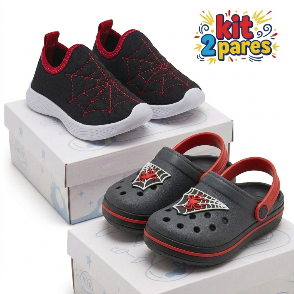 Kit Tênis Infantil menino Calce Fácil + Babuche Infantil Menino Confortável