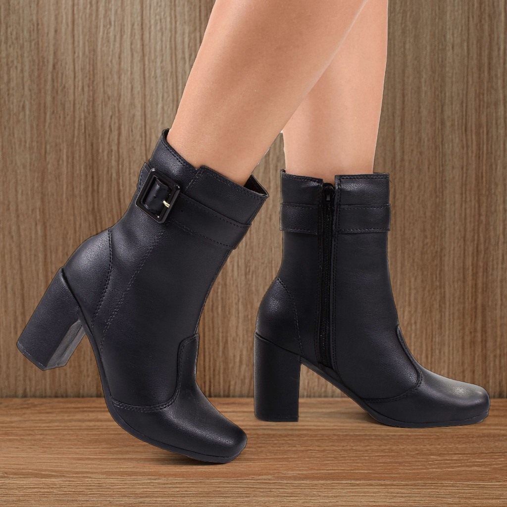 Bota Feminina Cano Médio Bico Quadrado Com Fivela E Zíper Sola Antiderrapante Qualidade Premium