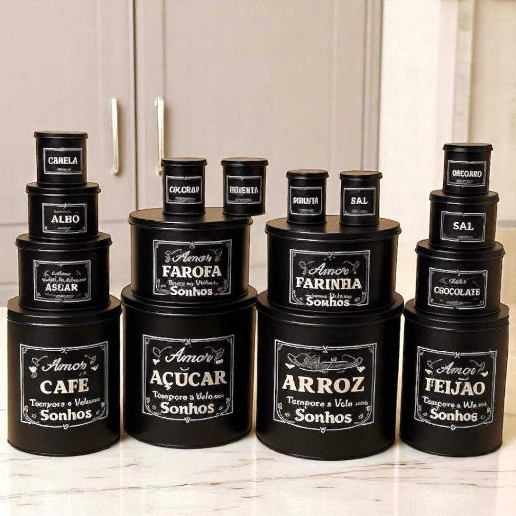 KIT 15 PEÇAS POTES DE MANTIMENTOS PRETO PARA COZINHA ORGANIZADOR DE ALIMENTOS