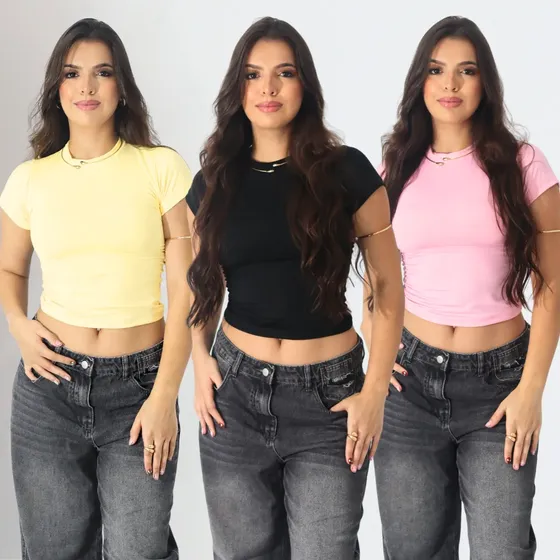 Kit 3 Blusa Baby Tee Justa Ao Corpo Alta Elásticidade Moda