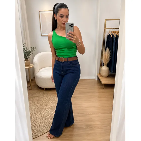Calça Jeans Wide Leg Feminina Cintura Alta Pantalona