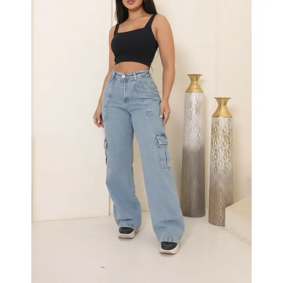 Calça Cargo Feminina Jeans 100% Modeladora Empina Bumbum