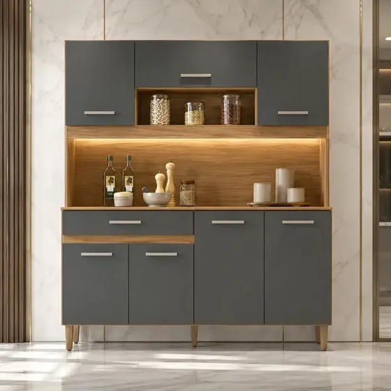 Kit Armário Gabinete Cozinha 7 Portas E 1 Gaveta Organizador Magazine Design Moderno Organizador Cor Freijó Chumbo