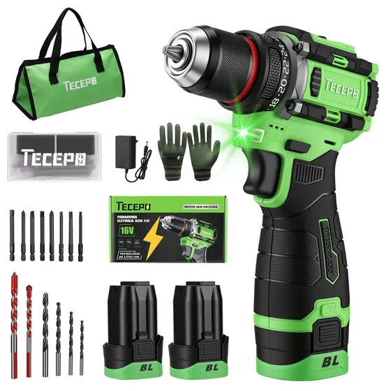 Furadeira Parafusadeira Mini Com 2 Baterias 16v 2ah Tecepo Verde-limão 60hz