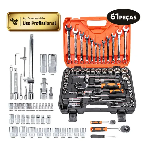 Inova Cases Jogo De Soquetes Automotivo Maleta De Chaves Sextavados Catracas Caixa De Ferramentas 61 Peças Kit Acessorios Combinada Completa Allen Torx Gedore Para Loja do Mecanico Oficina Mecânica