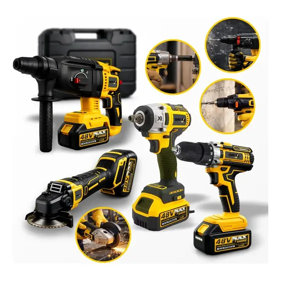 Kit Multi Ferramentas 4 Em 1 48v Sem Fio Com 2 Baterias Furadeira Parafusadeira Martelete Esmerilhadeira Chave De Impacto Com Maleta Alta Potência Uso Profissional E Doméstico Simake