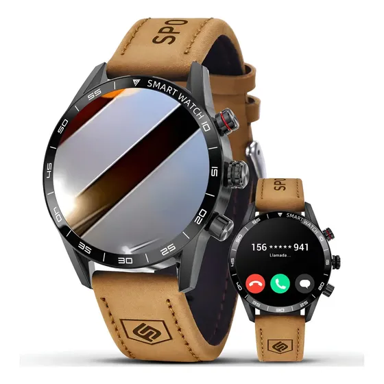 FoxBox Relógio Inteligente Homens Smartwatches Chamada Bluetooth Preto Couro Marrom Preto WhatsApp Mensagens Notificações