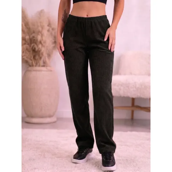 Calça Feminina Malha Veludo Cotelê Reta Cintura Alta Inverno