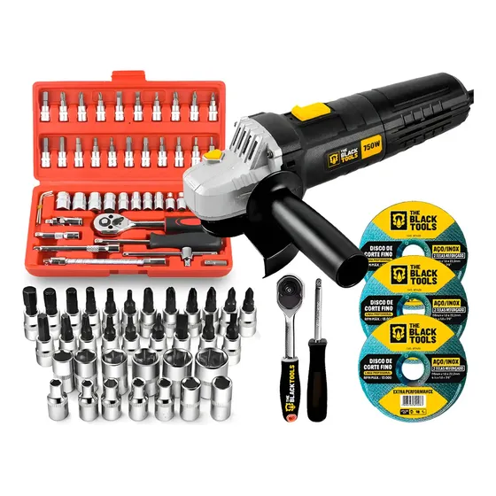 Esmerilhadeira Lixadeira Angular 4.1/2" 750W C/ Discos De Corte Fino + Kit De Ferramentas 46 Peças The Black Tools