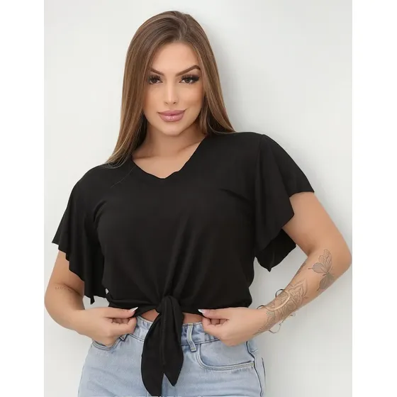 Blusa Manga Curta De Amarrar Lisa Blusinha Basica Feminina