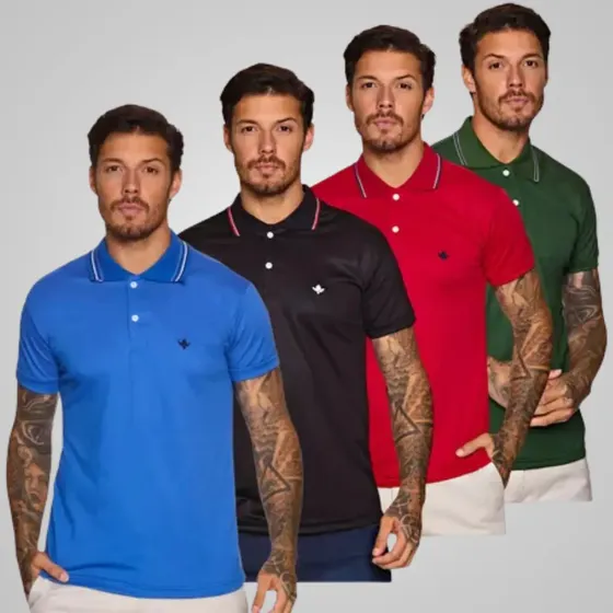 Kit 4 Camisa Cravo Azul Gola Polo Masculina Oficial Slim