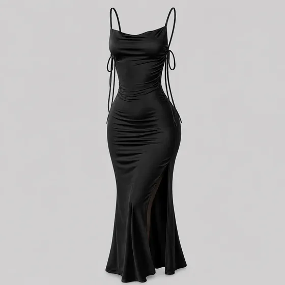 Vestido Justo Longo Costas Nuas Fenda Lateral Colado Preto