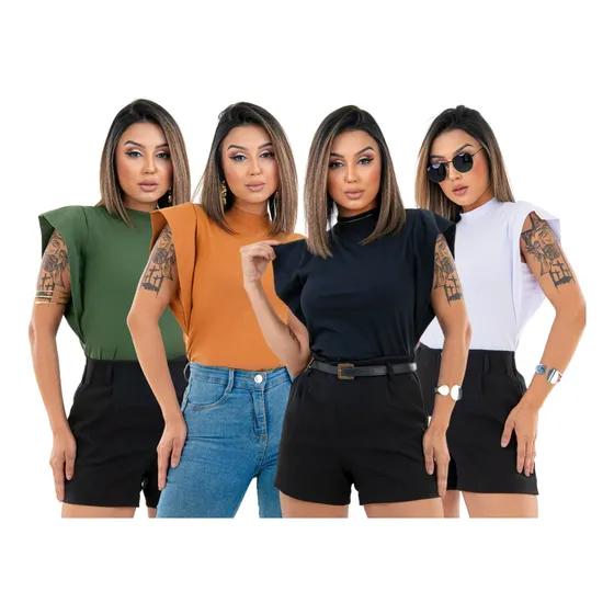 Kit 4 T-shirt Blusa Feminina Social Manga Muscle Tee Luxo