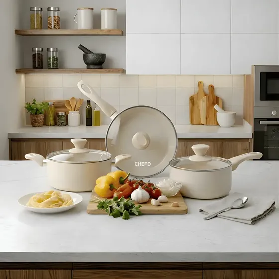 Jogo Panelas Conjunto 6 Peças Indução Antiaderente Branco Jogo de Panelas Cerâmica Cozinha Saudável Frigideira Fácil Limpeza Todos os Fogões Presente Casa Nova Creme Moderno